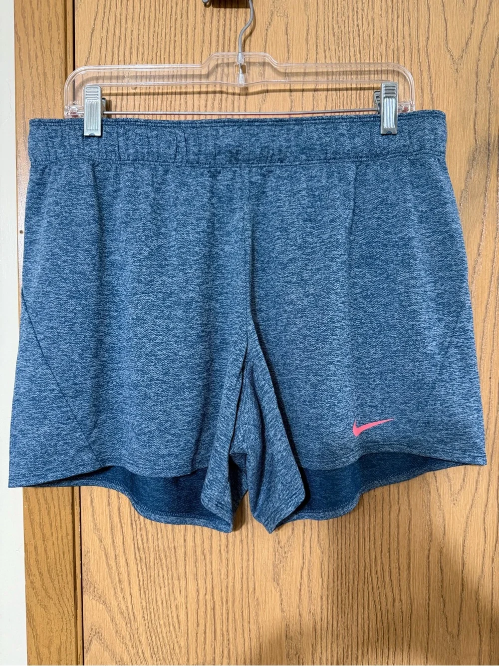 Nike Women's Heather Blue Athletic Shorts with Pink Swoosh